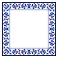 Square frame with a blue ethnic hand-drawn pattern.