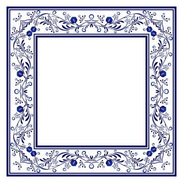 Blank Frame with blue boho floral ornament with roses.
