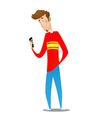 Cartoon young boy holding cellphone.