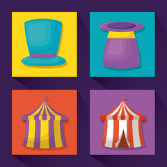 Icon set of Circus carnival  concept over colorful squares and purple background, vector illustration