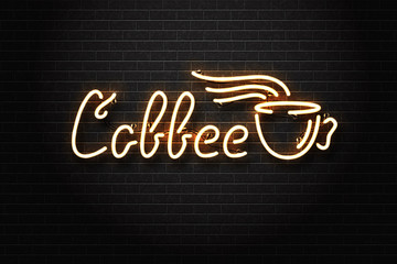 Vector realistic isolated neon sign of coffee lettering logo with cup for decoration and covering on the wall background. Concept of coffee house, cafe or restaurant.