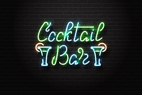 Vector realistic isolated neon sign of cocktail bar lettering logo for decoration and covering on the wall background. Concept of night club and bar.