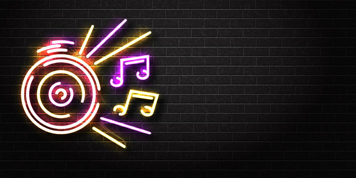 Vector realistic isolated neon sign of Dj logo for decoration and covering on the wall background. Concept of night club, music and dj profession. Realistic banner for music perfomance advertising.