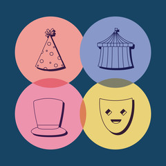 icon set of Circus carnival concept over colorful circles and blue background, vector illustration