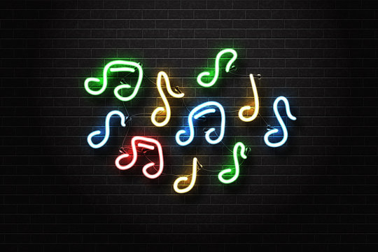 Vector realistic isolated neon sign of notes for decoration and covering on the wall background. Concept of music and dj.