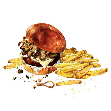 Swiss mushroom burger with fries. Watercolor Illustration.