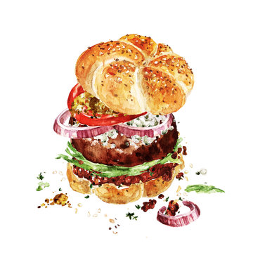 Angus burger. Watercolor Illustration.