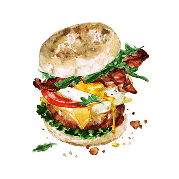 Breakfast burger. Watercolor Illustration.