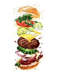 Tuinposter Traditionele hamburger. Aquarel illustratie. © nataliahubbert