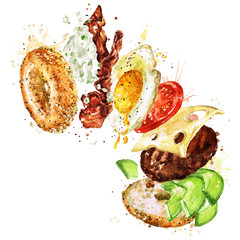 Breakfast burger. Watercolor Illustration.
