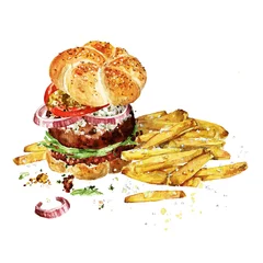 Schilderijen op glas Angus burger with fries. Watercolor Illustration. © nataliahubbert