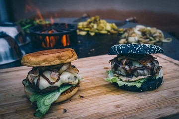 Feuerplatte grilled smoked BBQ Burger & Steak