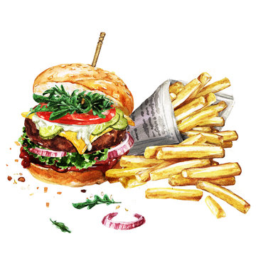 Traditional hamburger with fries. Watercolor Illustration.