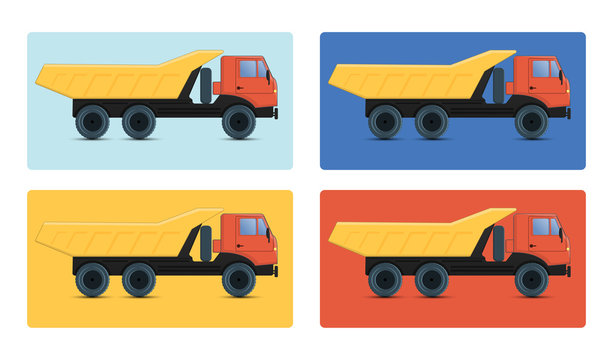 Tipper. Heavy automotive technology used in construction on a white background. A set of icons on different colors.
