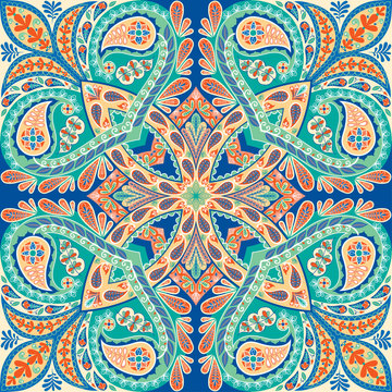 Vector paisley ornament print or background. Silk headscarf, pillow, interior decor square pattern design, oriental style fabric.