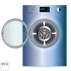 Open blue steel Washing machine isolated on white background