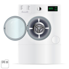 Open double Washing machine with small load isolated on white