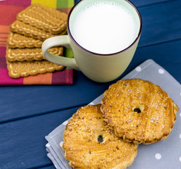 Large cup with milk and cookies in the background.