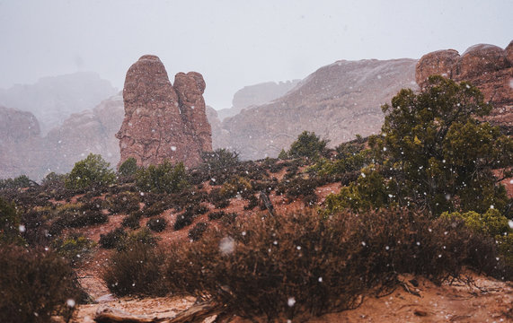 Sandstone tower in a snowstorm