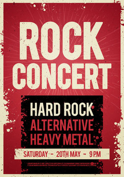 Vector illustration rock concert retro poster design template on old paper texture