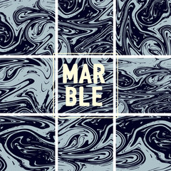 Marble Texture Set. Indigo Blue, Grey, Black Ink Wash Texture Collection. Japanese Suminagashi Painting. Watercolor Splashes. Glamour VIP Elegant Pattern. Acrylic Design, Marble Texture Background Set