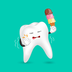 Cute cartoon sensitive tooth character holding ice cream. Cold sensitivity,  dental care concept.  Illustration isolated on green background.