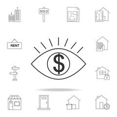 Human eye with dollar sign inside linear icon. Set of sale real estate element icons. Premium quality graphic design. Signs, outline symbols collection icon for websites