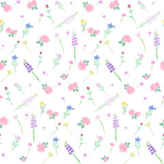 ピンクのバラと草花　シームレスパターン