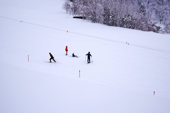 スキー場でスキーの練習をする人たち