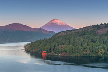 Mount Fuji and Lake ashi at sunrise in autumn