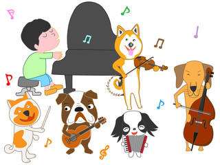 Obraz na płótnie Canvas 犬のコンサート。犬と子供が歌ったり、楽器を演奏している。