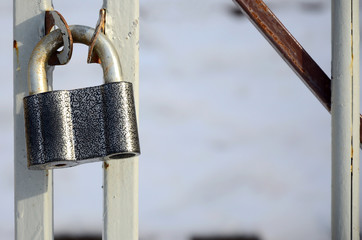 A large gray padlock hangs on a metal gate
