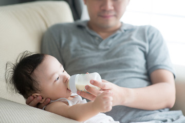 Father bottle feed milk to child.