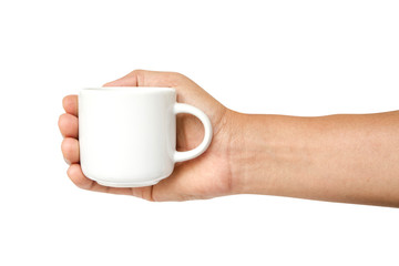 man hand holding white coffee cup
