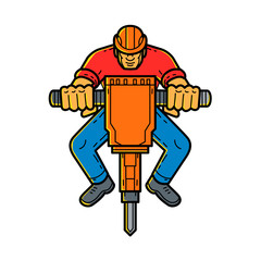 Mono line illustration of a construction worker operating jackhammer, pneumatic drill or demolition hammer, a pneumatic electro-mechanical tool that combines hammer with chisel done in monoline style.