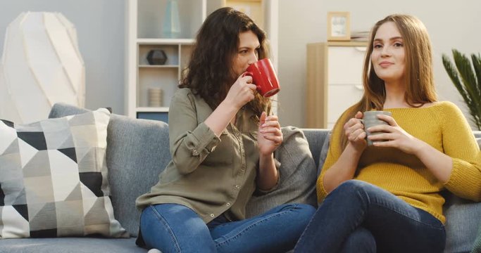 Two female friends sitting on the couch, drinking a tea and talking friendly in the nice atmosphere of the living room. Indoor