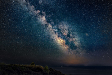 Fototapeta na wymiar Miliky Way over the Aegean sea. Milky Way galaxy from Peninsula Kassandra, Halkidiki, Greece. The night sky is astronomically accurate.