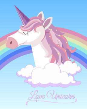 Poster design with unicorn and rainbow in sky