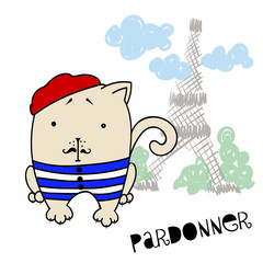 a French cat in a beret and in a vest against the background of the Eiffel Tower. vector illustration