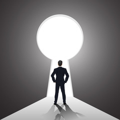 Obraz premium Businessman looking forward to opened door of chance and key hole as business vision, future, direction , goal, success concept. vector illustration.