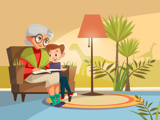 Vector cartoon grandmother reading scientific book to boy kid sitting armchair. Illustration elderly parent background of home interior with dinosaurs prehistoric plants on wall imagined by kid