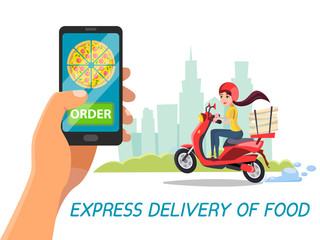 Vector cartoon express food delivery concept . Poster background template with man hand making order by smartphone, girl on motorcycle, female character riding scooter delivering pizza packages box