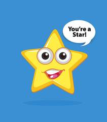 Yellow star with happy face on blue background