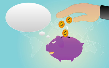 Adding money coin to the pink piggy bank, financial concept.