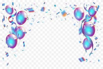 Confetti and Titanium rainbow ribbons celebration transparent background template concept. vector illustration