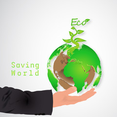 Businessman's hand holding tree on green world as environment conservation , Eco and saving the earth concept , vector illustration.