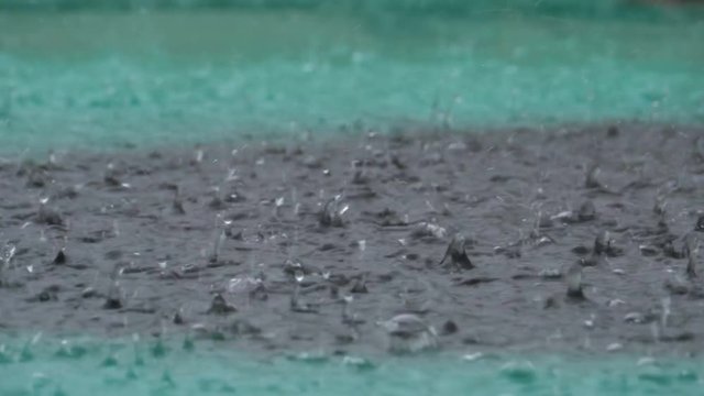 Large Drops of Rain fall in a Puddle During a Rainstorm. Water Drops. Close-up. Heavy rain fall background.