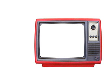  Old red television blank white screen  isolated white background.