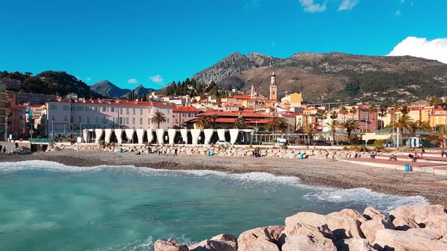 Beautiful Panoramic View of The Old Town of Menton And The Mediterranean Sea, Typical Colorful Houses of the French Riviera - 4K Video
