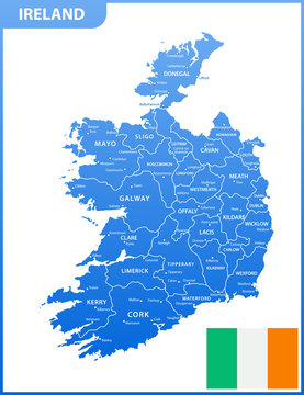 The detailed map of the Ireland with regions or states and cities, capitals, national flag